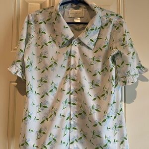 Socialite White Floral Blouse with Green Leaves and Light Blue Accents